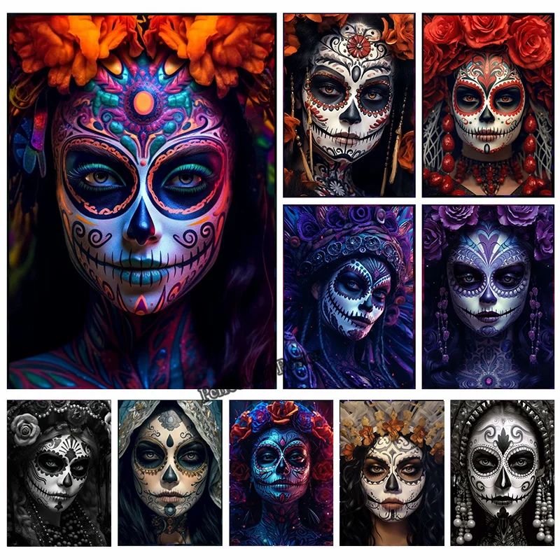 Póster de La Catrina con calavera de azúcar para niñas, impresiones del Día de los muertos mexicanos, pintura en lienzo gótico, imagen artística de pared para decoración del hogar y la habitación