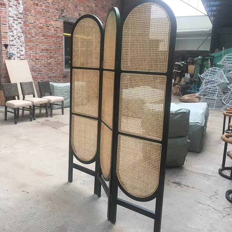 Modern French style 3 three-panel folding screen room partition natural rattan webbing wooden movable design