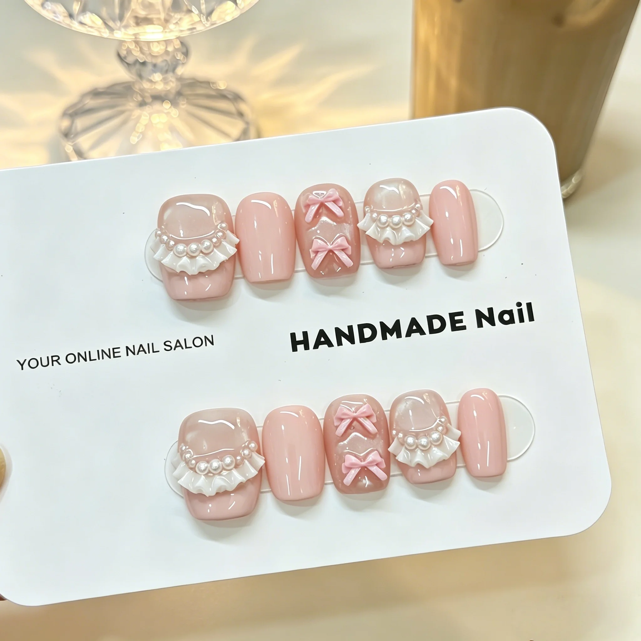 10pcs Handmade Press On Nails Nude Pink Short Square With 3D Bow Fake Nail Lace & Pearl Charms False Nails for Women&Girl