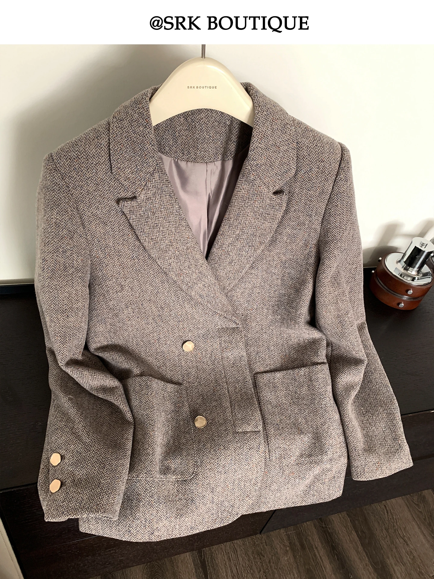 

SRK Retro Woolen Coat Loose Faionable Ele French Sle Women's Jaet Long Sve Button Closure Winter Outerwear