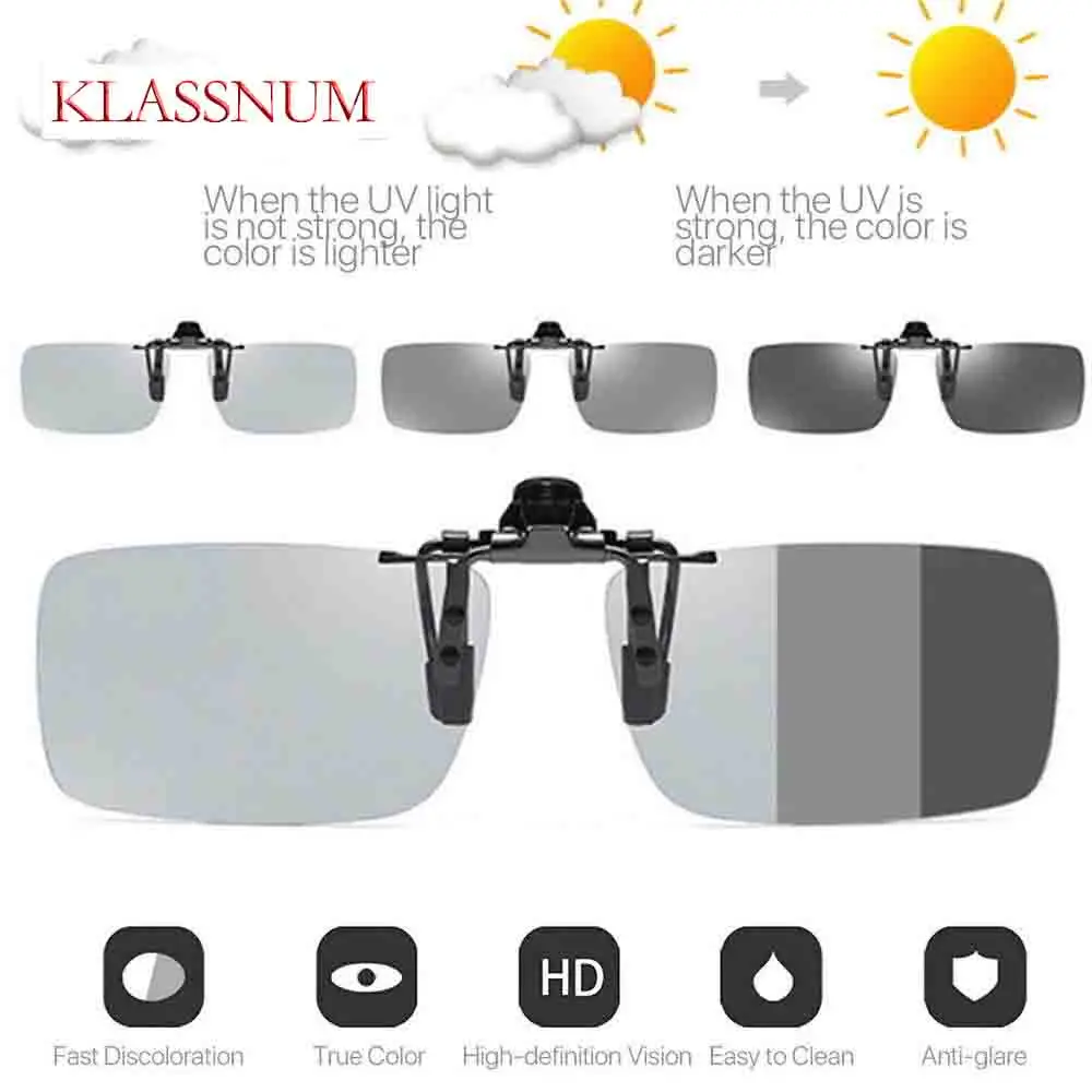 

KLASSNUM Photochromic Polarized Clip on Sunglasses Men Day Night Driving Eyeglasses Narrow Chameleon Clip Glasses for Myopia
