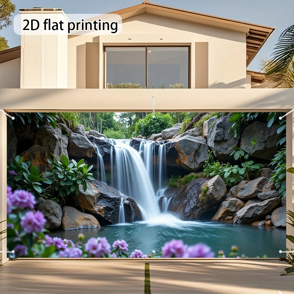 1pc landscape waterfall and flower garage door polyester banner, outdoor decoration, garden party, festival event