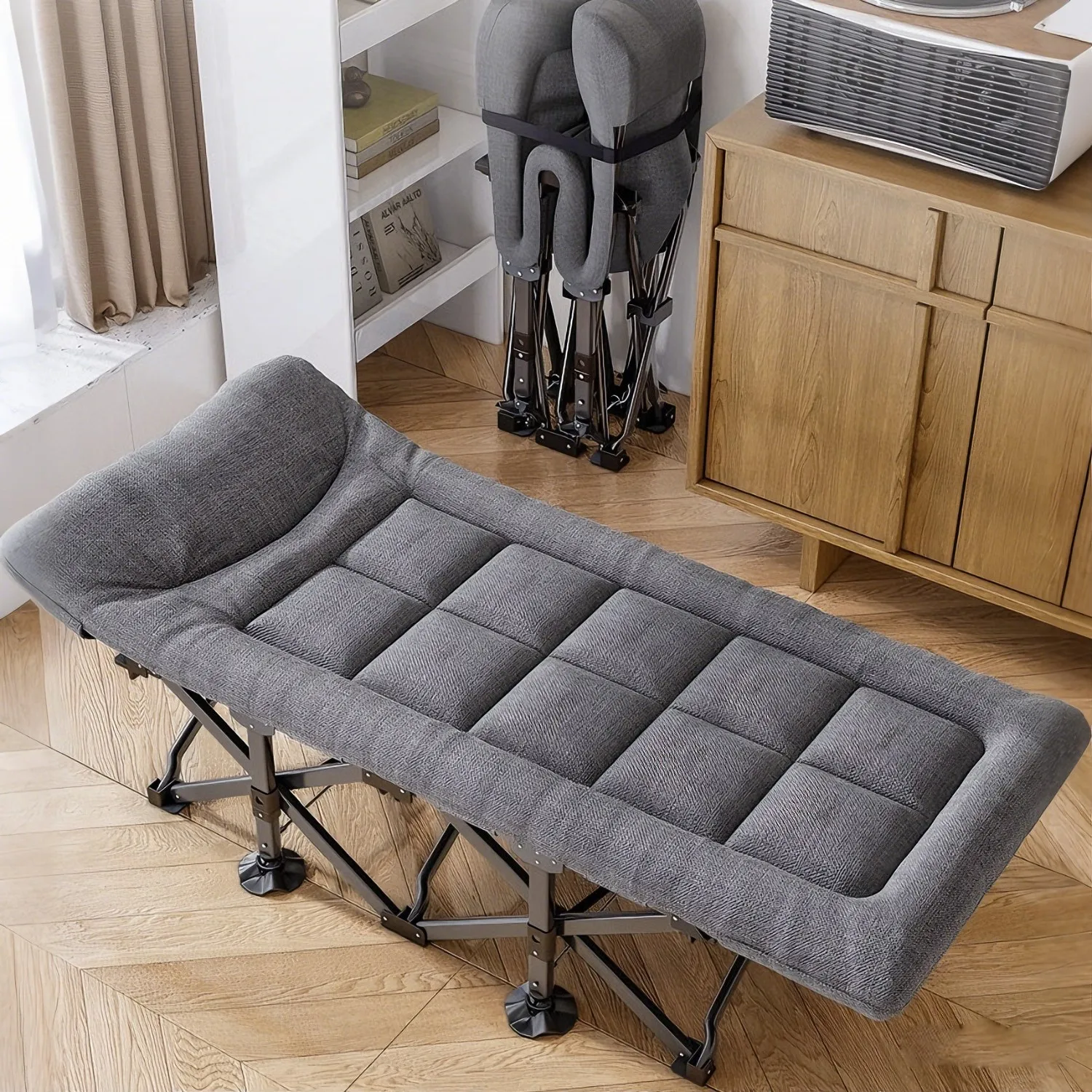 Cama Plegable para Acampar, Cama Individual para Jardín con Almohada y Bolsillo, Soporta 200 kg, Cama Plegable Ajustable para Siesta en la Oficina