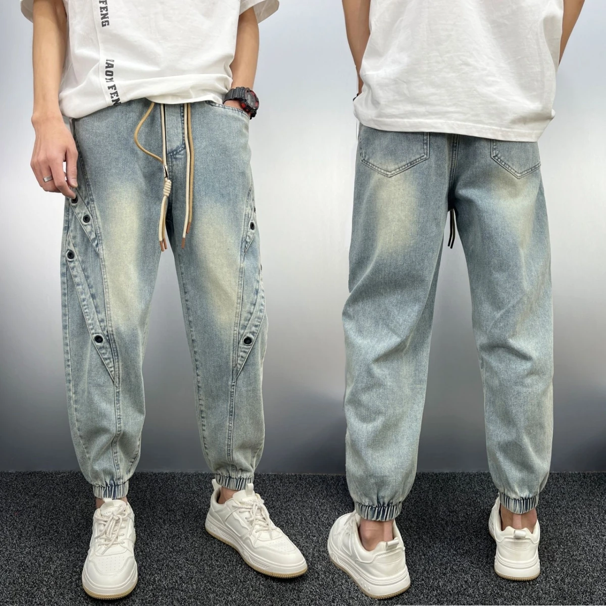 

Waed Vintage Men's Jeans Button Loose Casual Pants Autumn Spring New Sle Workwear Trousers Nine Points Cuffed Pants