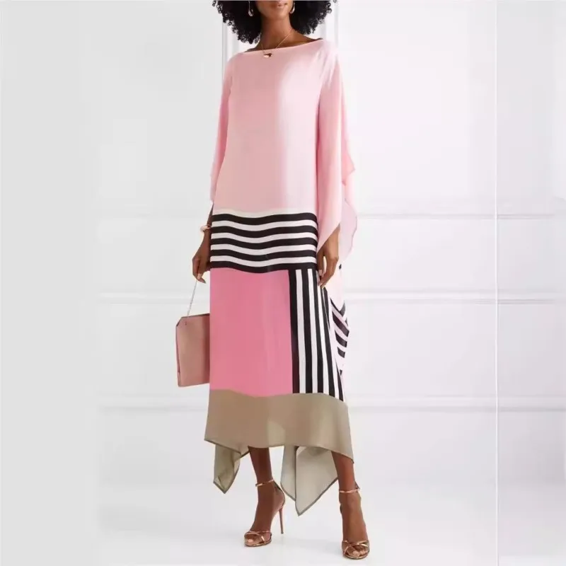 Candy Printed Stripe Long Sleeve Dresses Women Spring Summer O-Neck Irregular Long Dress Batwing Sleeve Boho Maxi Dress Vestidos