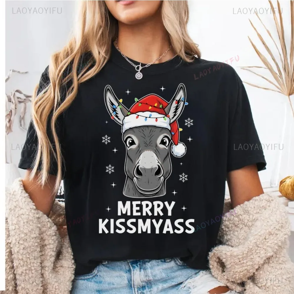Merry Kissmyass Christmas Hat Santa Graphic T-shirt Funny Adule Joke Women Streetwear Cotton Short Sleeve O-neck Man Clothing