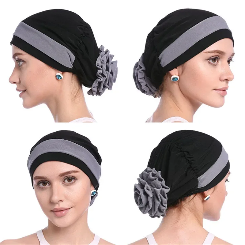 New Hot Pure Color Silk Pan Flower Hat Muslim Stretch Toe Cap Dubai Arab Women's Flower Hat Turban Beanie Fashion