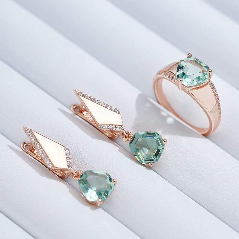 Kinel Hot Fashion Unique Green Stone Big Ring for Women Mosaic Natural Zircon With 585 Rose Gold Color Vintage Wedding Jewelry