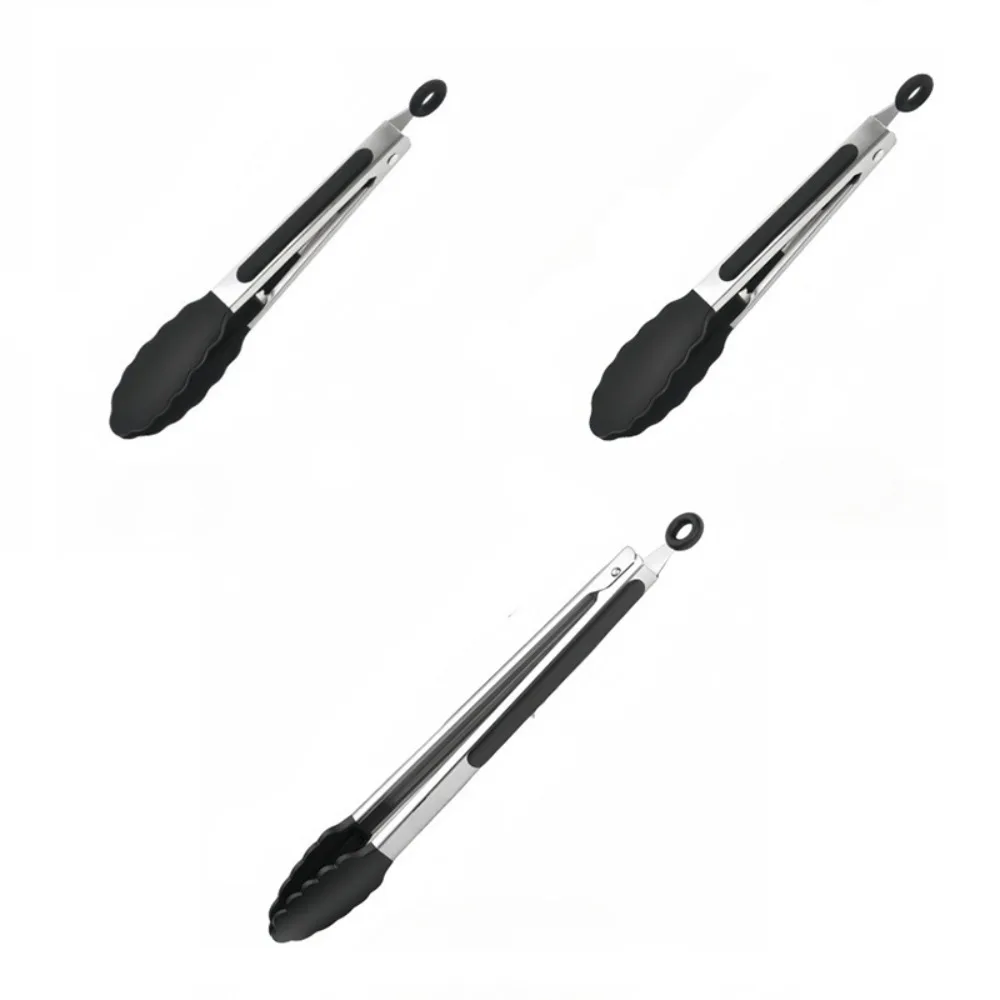 

3pcs Silicone Tip BBQ Grilling Tong Anti-scalding Non-slip Bread Clamp Locking Design Heat Resistant Food Clip Restaurant
