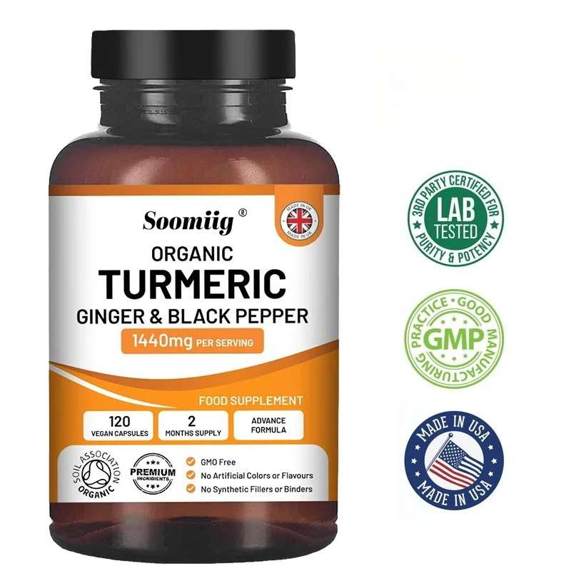 

Органические капсулы с куркумой высокой концентрации 1440 мг | 120 капсул с черным перцем, имбирем и активным ингредиентом куркумином