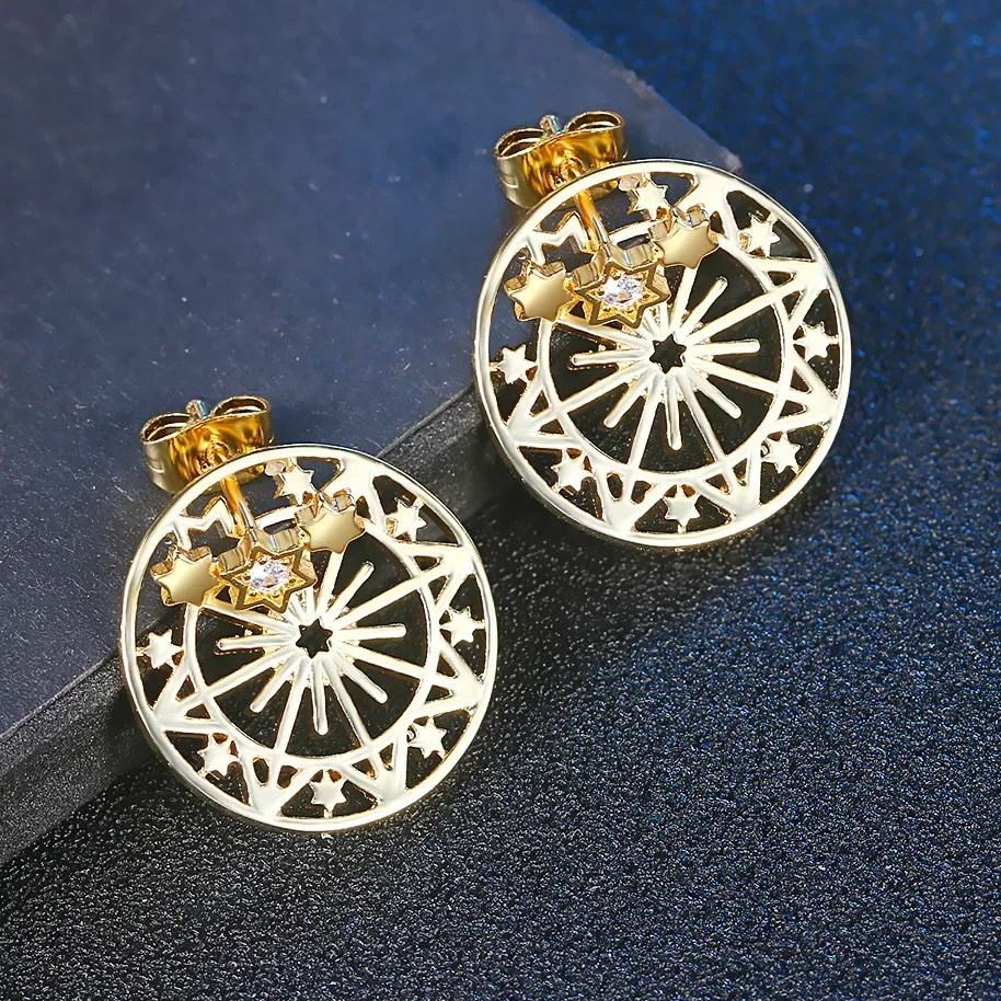 Pendientes de acero inoxidable con forma de estrella brillante para mujer, tachuelas redondas huecas de circón, joyería de lujo, regalo elegante