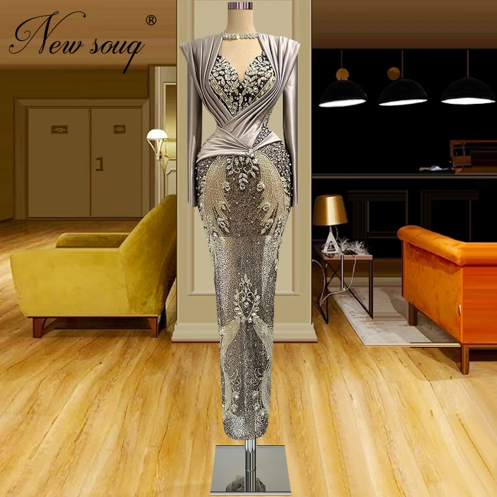 

Sliver Beading Prom Dresses New Fashion Women Mermaid Long Evening Gowns For Weddings Dubai Couture Party Dresses Robes Du Soir