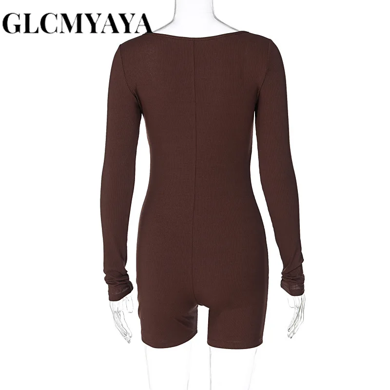 GLCMYAYA Women Streetwear Long Sleeve Hollow Out U-neck Slim Romper 2023 INS Summer Fashion Casual Sporty Solid Playsuits