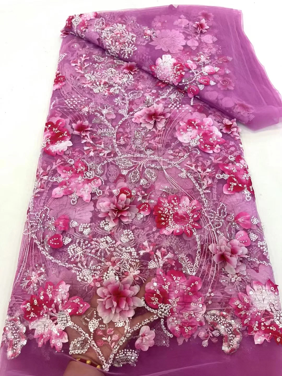 2024 5 Yards African 3D Flower Beads Lace Fabric High Quality French Nigerian Embroidery Tulle Fabric For Wedding Dress Sewing