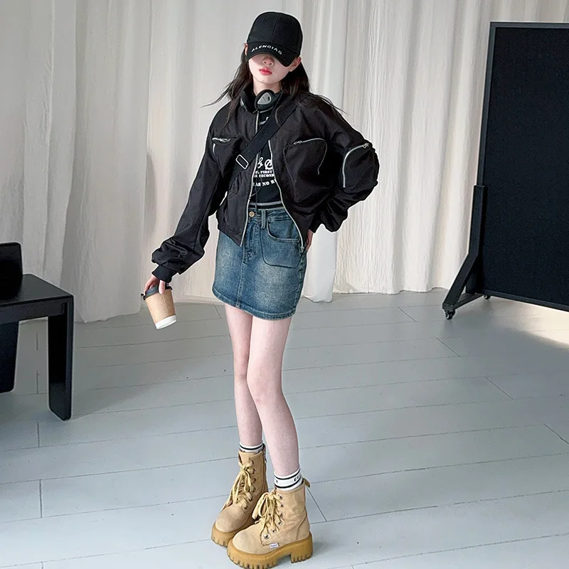 

Kids Girls 3pcs Outfit Autumn Teenager Girls Letter Printed Vest+Zipper Cargo Jacket+Denim Skirt Sets Children Girls Suits