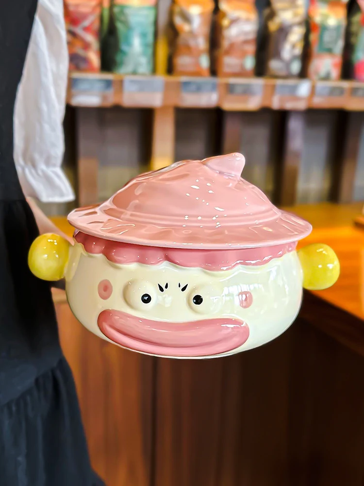 Joker instant noodle bowl,ceramic dormitory, student with lid and handle,cute and creative,wide mouth large convenient soup bowl