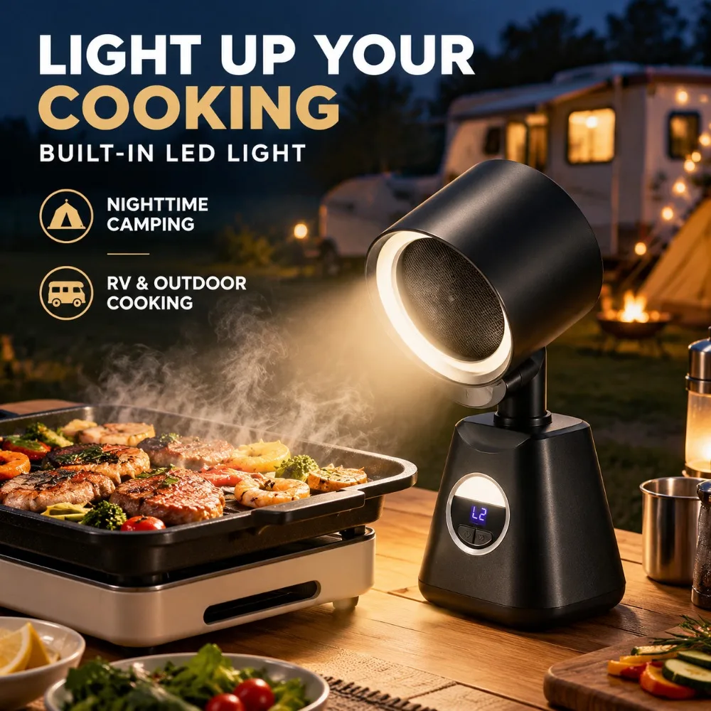 Mini Portable Range Hood, 3-Speed Adjustable Desktop Smoke Extractor with LED Light, Oil Filter for BBQ Hot Pot Camping RV