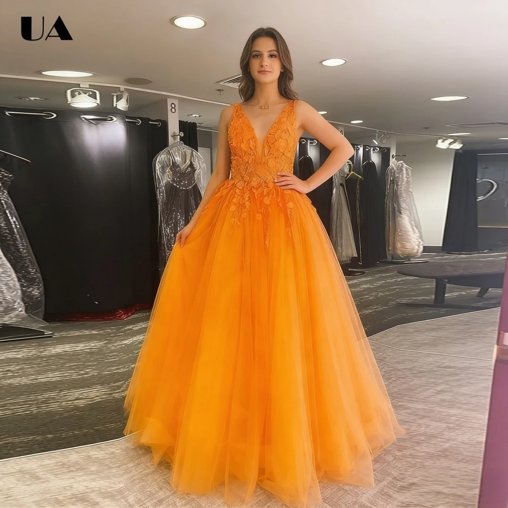 

ULBYANRY Customized Solid A-line V-neck Evening Dress for Woman, Elegant Sleeveless Applique Party Dress, Formal Mesh Prom Dress