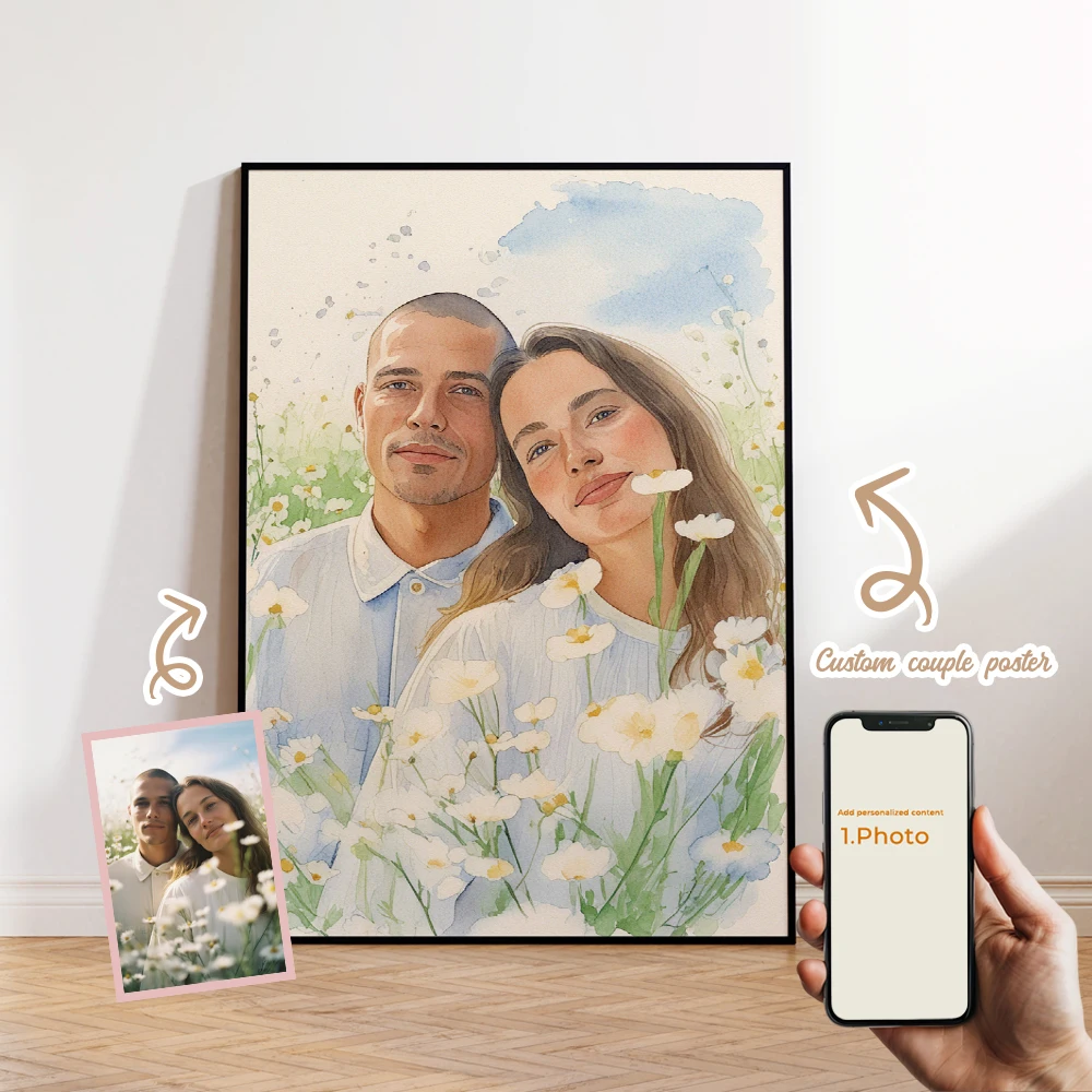 

1pcs Customized Couple Photos In A Comic Style Wall Art Prints Canvas Painting Poster Picture For Living Room Home Decor