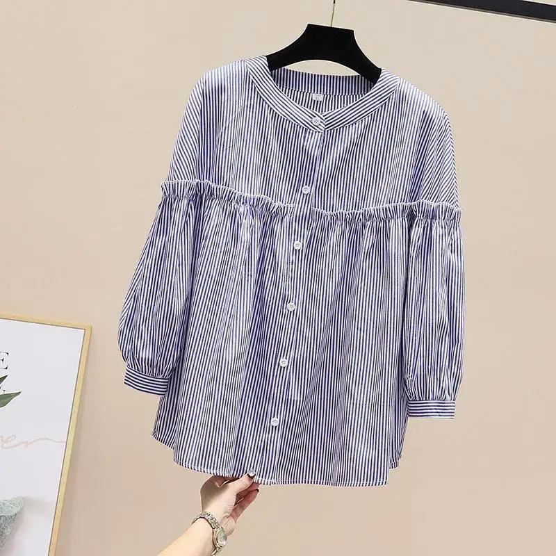 

Vintage Striped Pleated Blouse Spring New O-neck Solid Color Loose Simplicity Shirt Tops Street Casual Fashion Women Clothing