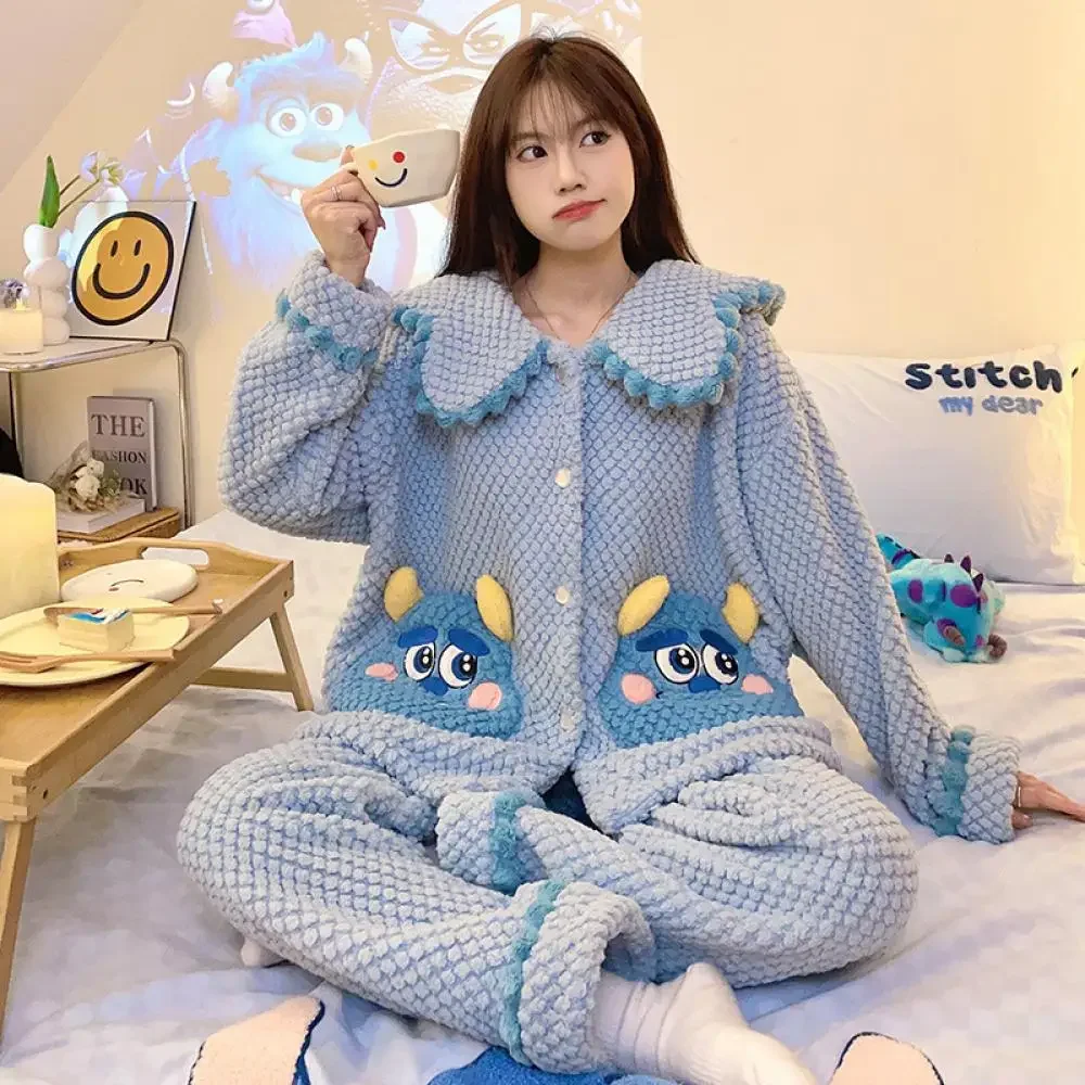 Kawaii ฤดูหนาวผู้หญิงชุดนอนชุด Sanrios Kuromi Cinnamoroll Hello Kitty อะนิเมะการ์ตูน Flannel Thicken ชุดนอน Homewear กางเกง