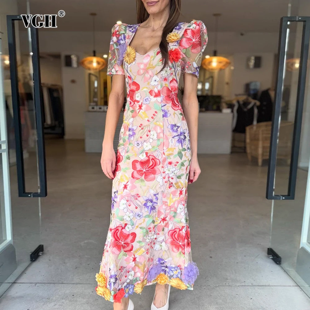 VGH Elegante Gespleißt Sheer Mesh Kleid für Frauen Quadrat Kragen Kurzarm Hohe Taille Druck EINE Linie Abendessen Kleider Weibliche Neue