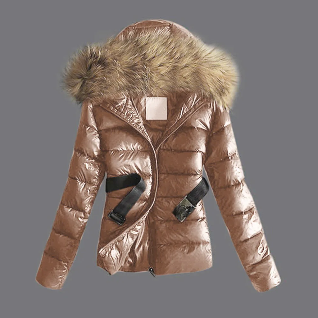 Winter Puffer Jacket Women Fuax Fur Collar Hooded Jacket Coats Short Slim Warm Down Coat Winter Outerwear Tops Padding Parkas