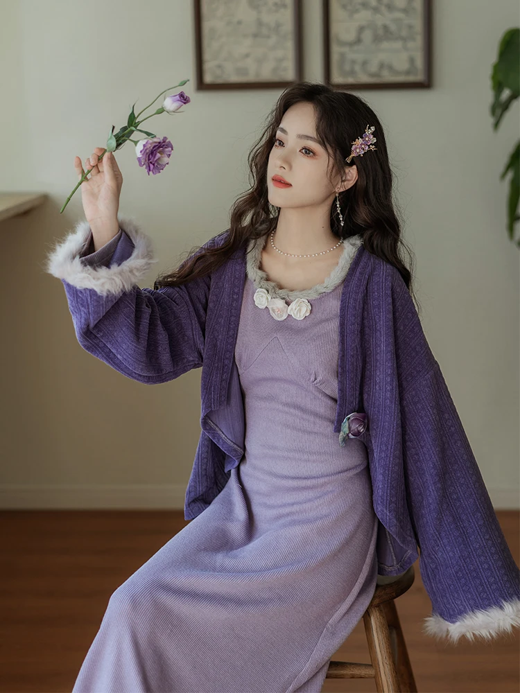 

Ele Фиолетовый вязаный китайский длинный платок, теплая осень-зима, свободный крой Hanfu Inclusive, широкий све, женская мода