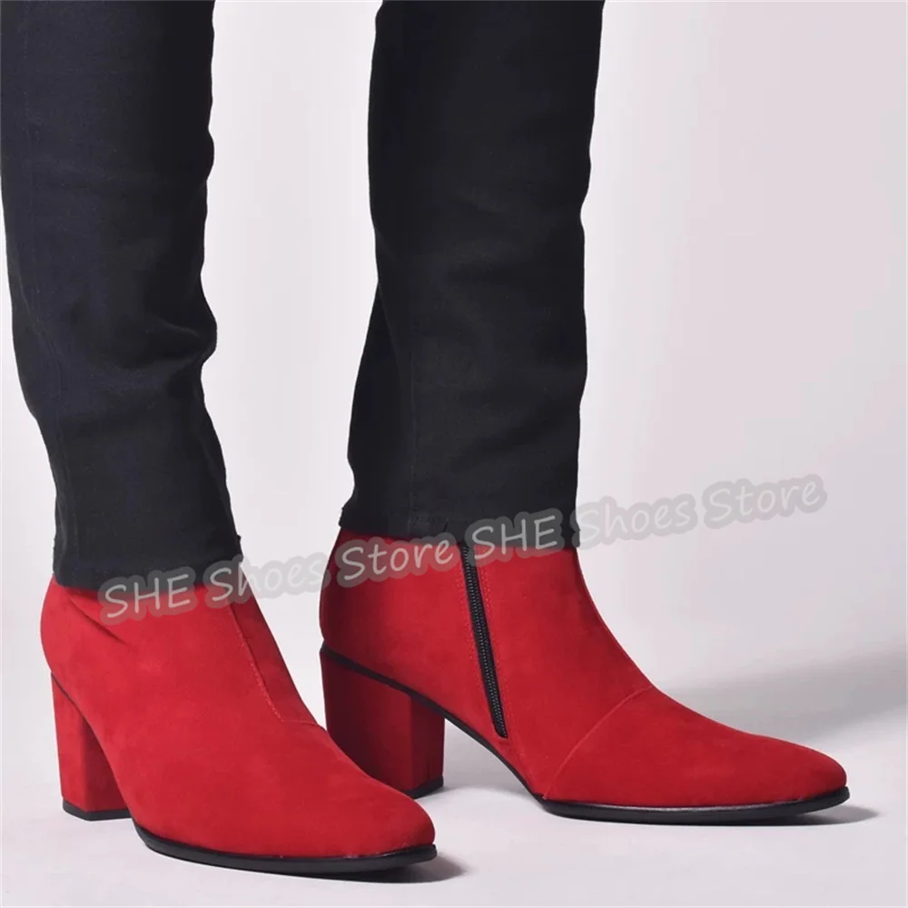 Male High Top Genuine Leather Chelsea Boots Retro Round Toe Chunky High Heel Side Zipper Short Boots Wedding Party Dress Shoes