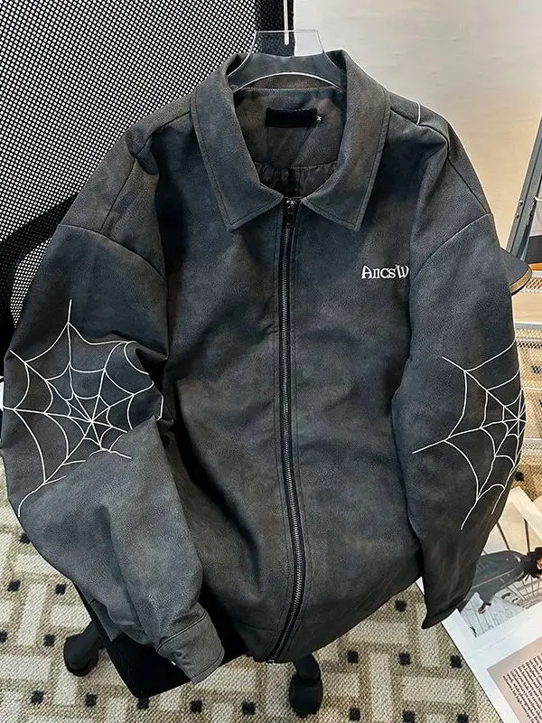 

Свободная куртка из искусственной кожи с вышивкой в уличном стиле, бейсбольная куртка на молнии, повседневная, универсальная, осенняя коллекция 2025 года