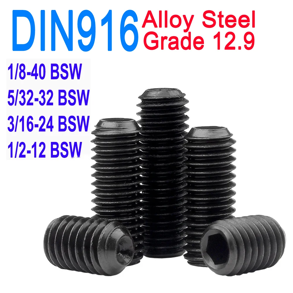 

DIN916 1/8'' 5/32'' 3/16'' 1/2'' BSW Grade 12.9 Alloy Steel Hex Socket Set Screws with Cup Point Headless Allen Bolts
