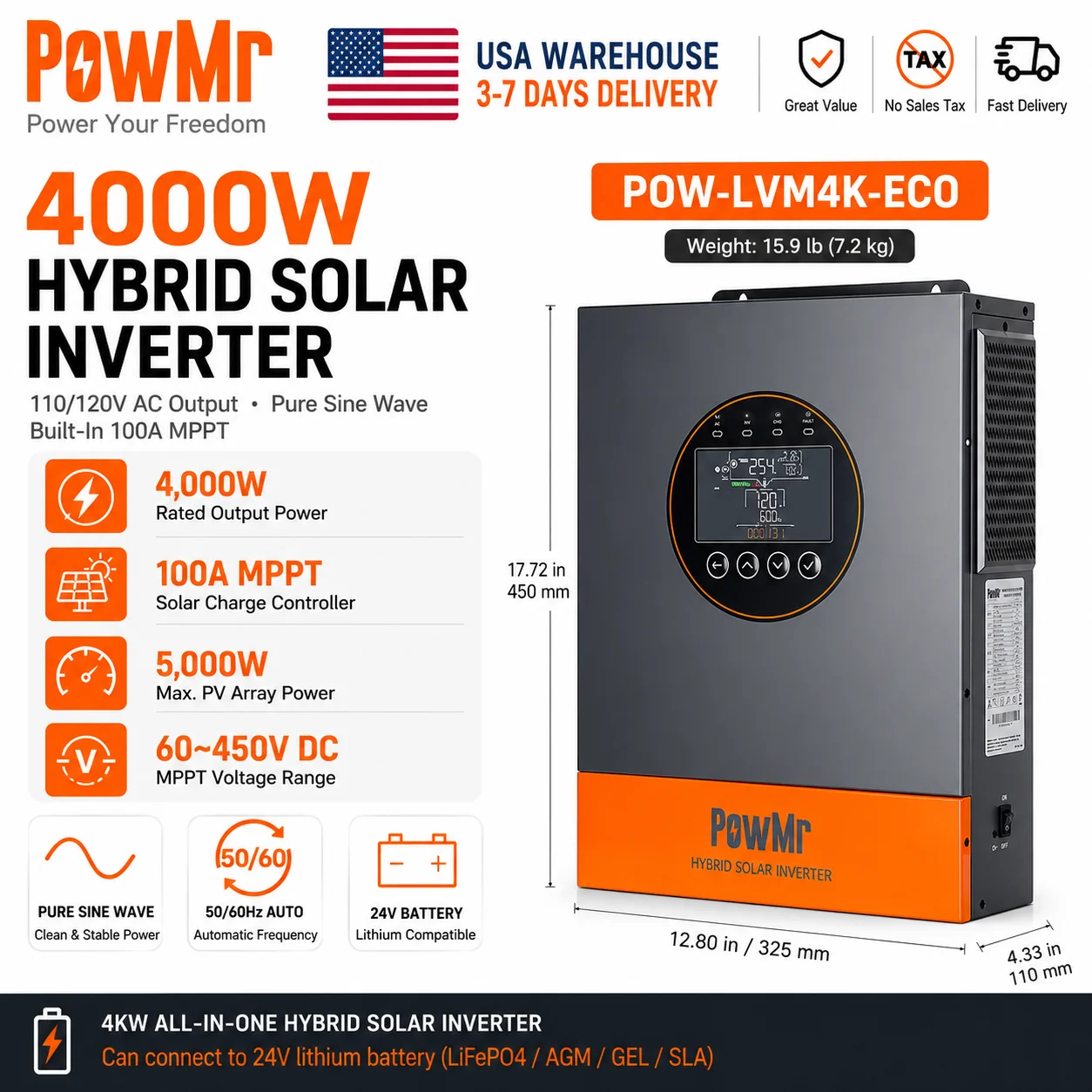 PowMr USA 4KW 4KVA Hybrid Solar Inverter 24VDC to 110Vac Dual AC Output Max 5000W 60‑450V PV Input With Pure Sine Wave MPPT 100A Solar Charge Controller Built‑in App Monitor Work for Lithium Lead‑Acid Home Battery Off‑Grid Emergency Solar Storage System
