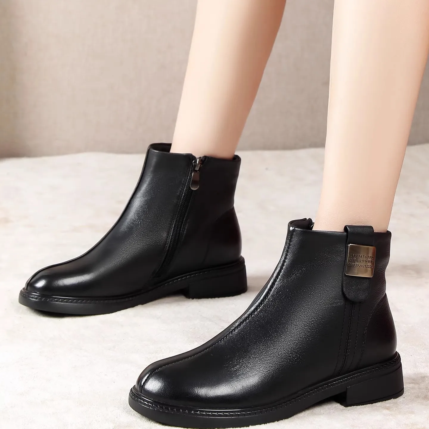 

GKTINOO 2025 New Natural Sheepskin Short Boots Thick Heels Soft Sole Booties Comfortable Mom Shoes Winter Plush Shoes for Women