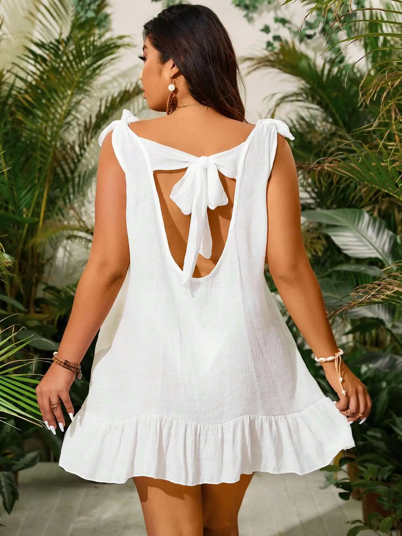 

Summer Beach Plus Size Solid Shoulder Knot Ruffle Hem Sheer Cover Up Dress