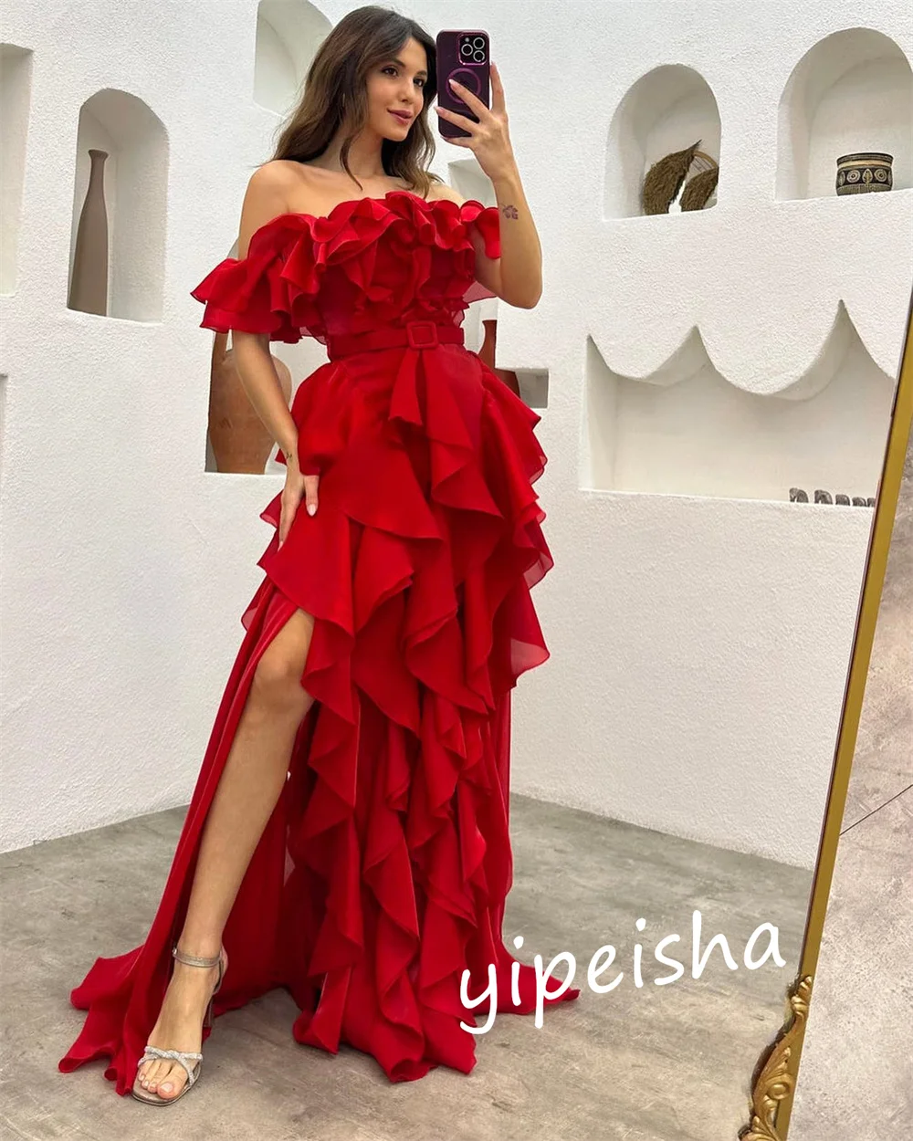 Customized    Saudi Arabia Chiffon Ruffles Christmas A-line Off-the-shoulder Bespoke Occasion Gown Midi es