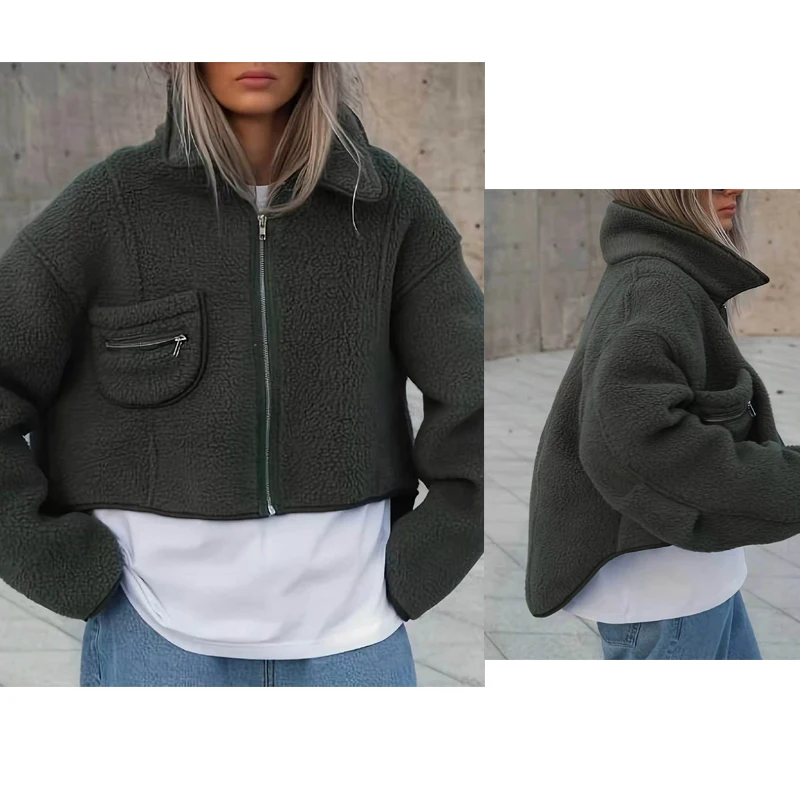 Women Cropped Sherpa Fleece Jacket Zip Up Stand Collar Teddy Coat Casual Warm Short Outwear With Zipper Pocket