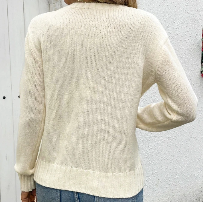 Women Sweater Solid Color Minimalist High-End Casual Knitted Sweater with Round Neck and Long Sleeved Hollow Out Sweater