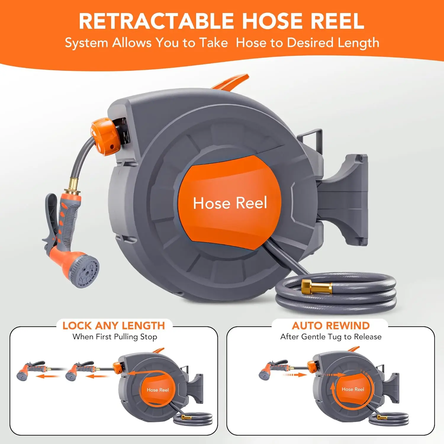 Retractable Garden Hose Reel 1/2 X 100 ft Wall-Mounted 9-Function Sprayer Any-Length Lock 180 Swivel Automatic Rewind