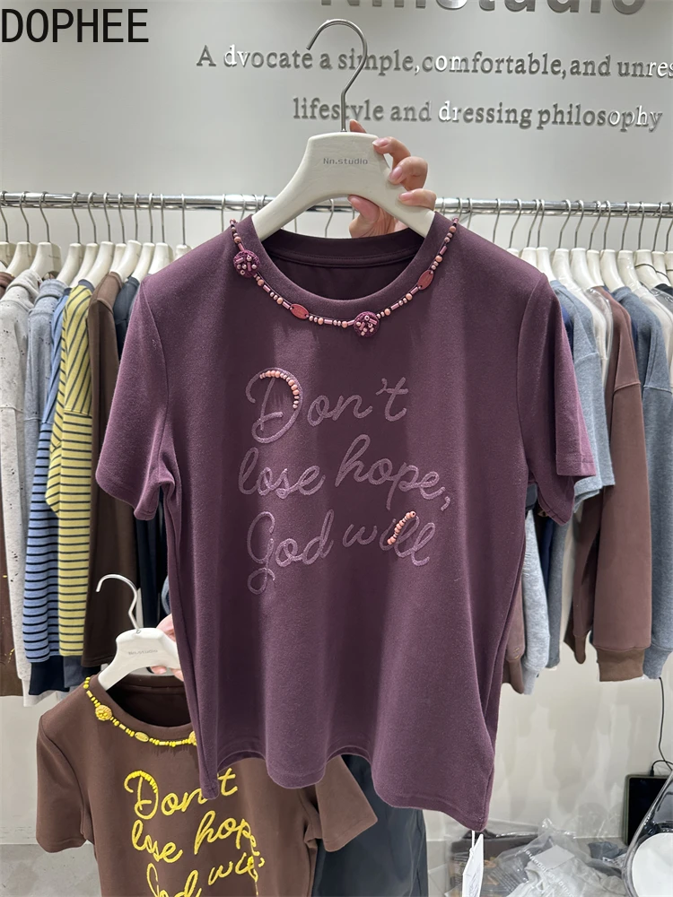 

Hot Chick Autumn Winter Short Sleeve T-shirt Beading Round Neck Letters Embroidery Pullover Top Thicken Sanding Slim Basic Tees