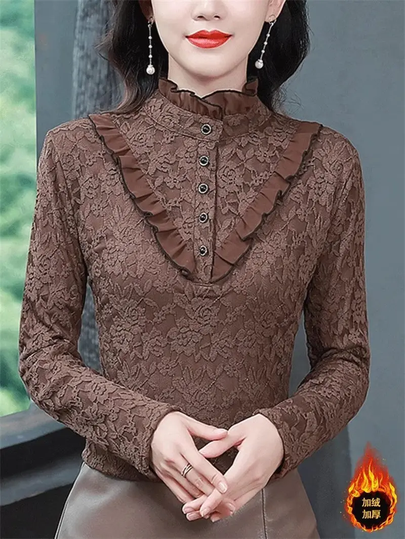 

2023 Autumn/Winter New Lace Bottom Shirt For Women With Velvet Thickening Slim Fit Versatile Plush Blouse Tops Z4286