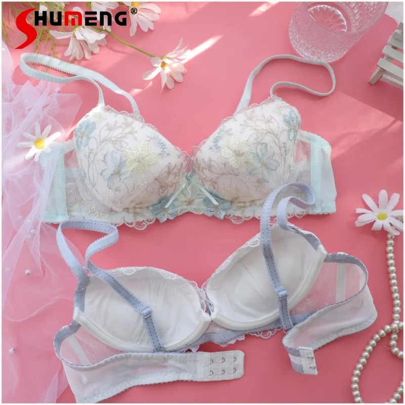 Dziewczęcy, słodki zestaw bielizny push-up w stylu japońskim, z fiszbinami, siateczką, haftem, seksowny komplet biustonosza, damskie majtki w kwiatowy wzór.