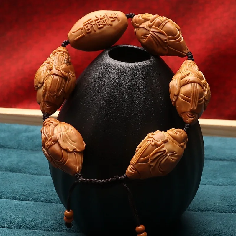 

2.1 Handmade Nut Carved Large Seeds Five Blessings Fu Lu Shou Olive Hu Bracelet Crafts Handle Men