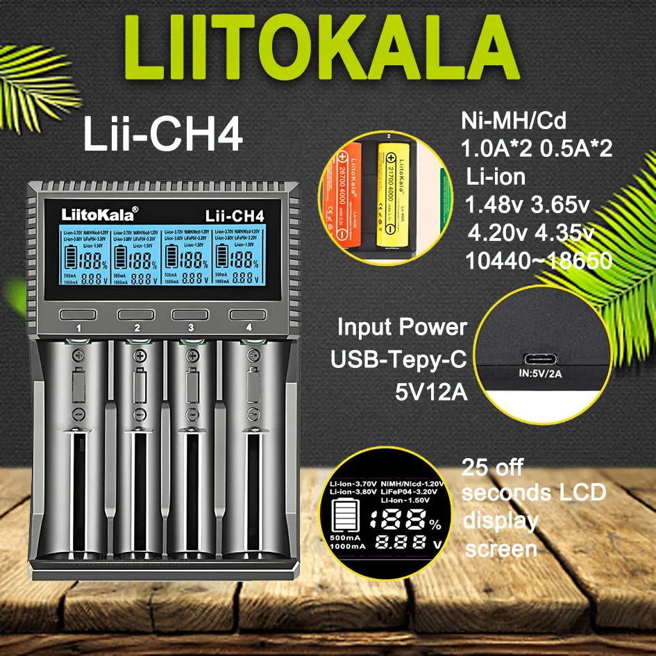 

Liitokala Lii-CH2 Lii-CH4 18650 Battery Charger for 1.5V NiMH LiFePO4 Li-ion 3.7V 1.2V 3.2V 21700 26650 14500 18350 AA AAA