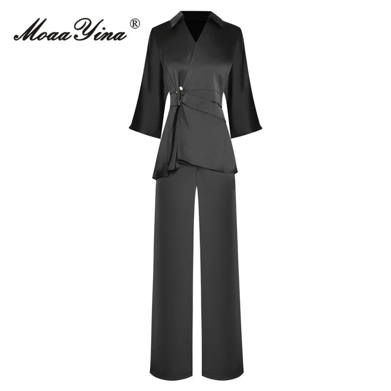 MoaaYina Summer Fashion Designer Slim Pant Suit Women V-Neck 3/4 Sleeve Sashes Gathered Waist Top+Straight Trousers 2 Pieces Set