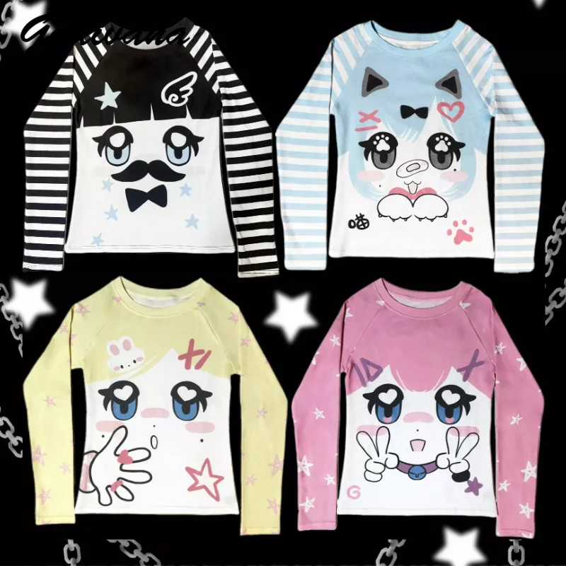 Women Japanese Sweet Round Neck Long Sleeve Stripes T-Shirt Kawaii Anime Cartoon Print Casual Versatile Harajuku Top