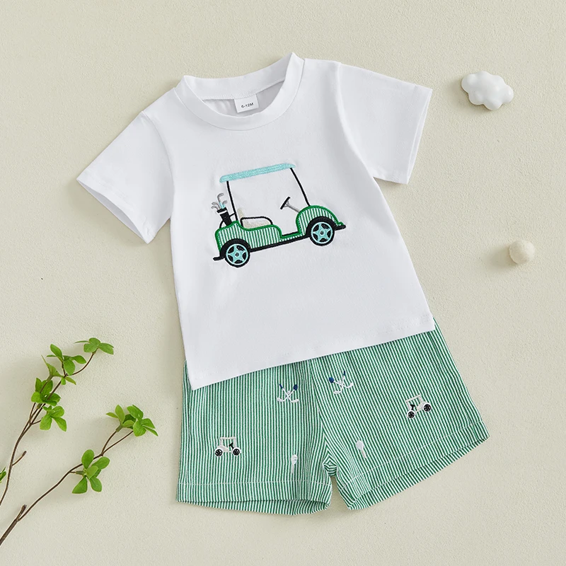Kids jongens shorts set, korte mouw geborduurd golfkar T-shirt met gestreepte shorts peuterset zomeroutfit