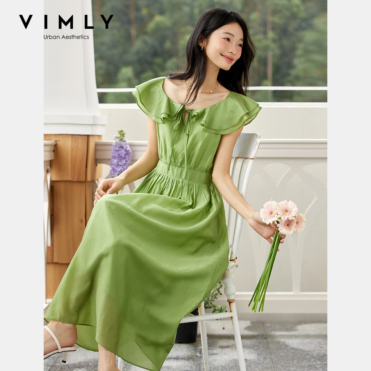 VIMLY Jurken 2025, Dames Zomer Midi Elegante Groene Damesjurk Franse U-hals Mouwloos Volants Rand Vrouw Kleding A1712
