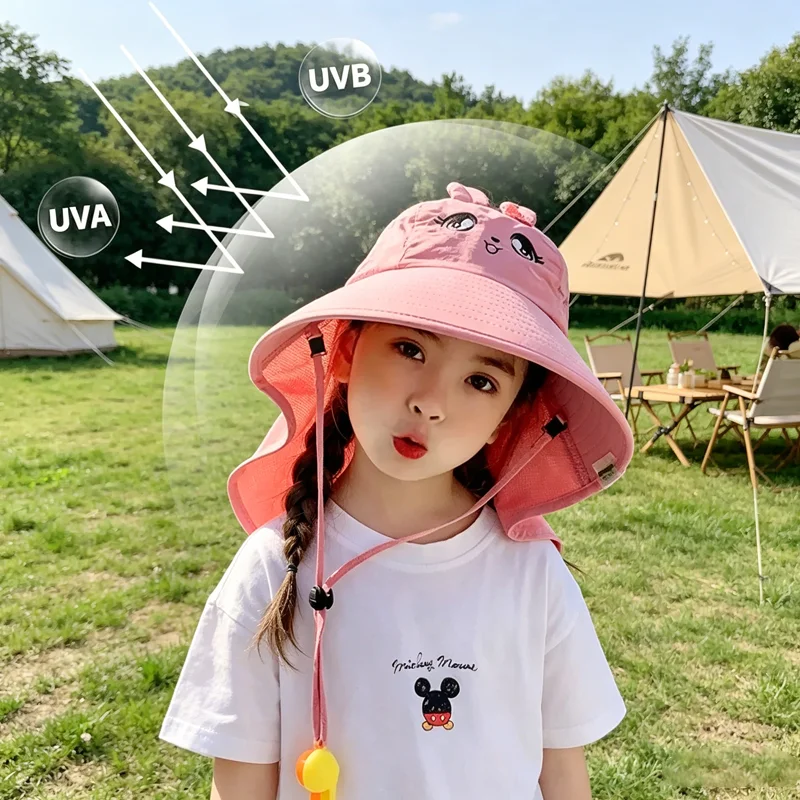 Summer Kids Bucket Hat Sunscreen UV Resistant Cotton Beach Hat with Adjustable Rope Whistle for Boys Girls Outdoor image 2