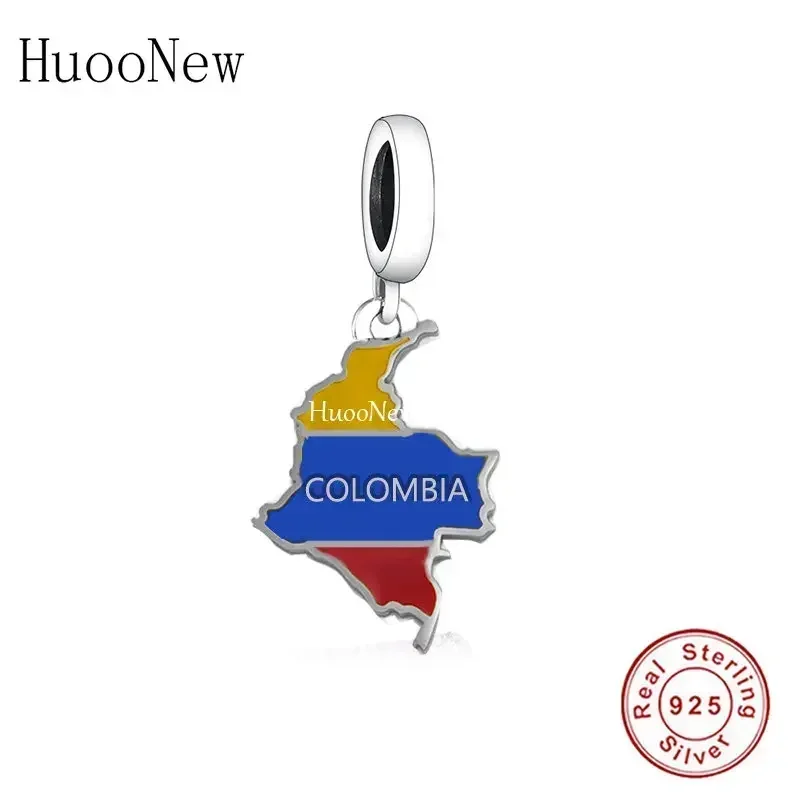 Pulsera de plata de ley 925 auténtica para mujer, abalorio con forma de mapa, Bandera de COLOMBIA, esmalte de Color, Berloque DIY