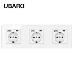 UBARO Triple Type C Socket With USB White Black Crystal Tempered Glass Panel EU Russia Power Outlet 100-250V 16A Plug For Home